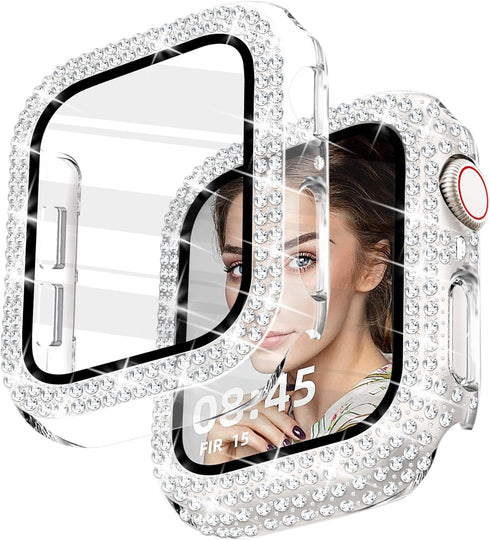 2-Pack Bling Case with HD Screen Protector Women Compatible with Apple Watch 40mm Diamond PC Bumper Full Protective Face Cover for iWatch Series 4...