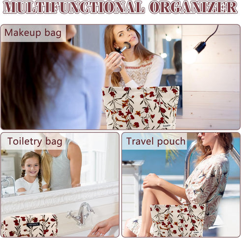 2Pcs Flower Makeup Bag Cute Floral Travel Cosmetic Bag Set for Women Girls Large Small Zipper Makeup Pouch for Purse Pencil Pouch Aesthetic Portab...
