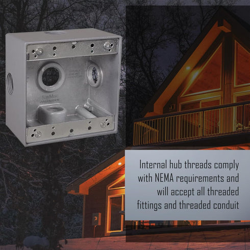 2-Gang Weatherproof Box, Five 3/4 in. Outlets, Side Lug, Gray...