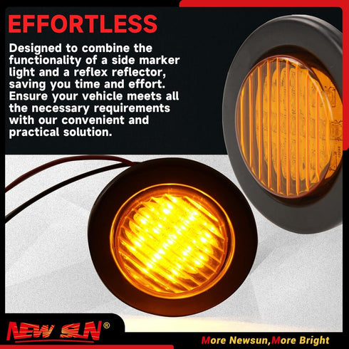 NEWSUN® 2PCS Premium 2.5" Round LED Trailer Lights,13 Amber LEDs Side Marker Lights, Clearance Lights Kits with Grommet & 2-Pin Plug - Universal f...