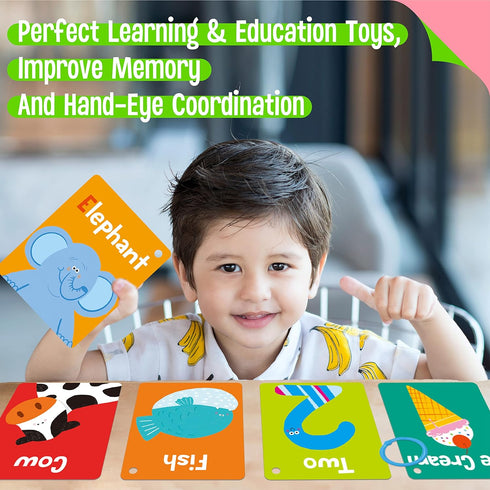 50 PCS Kid First Cognitive Flashcards,Double Sided Printed 7 in 1 Colorful Cards Alphabet,Numbers, Foods,Animals,Shapes,Colors with 3 Reclosable R...