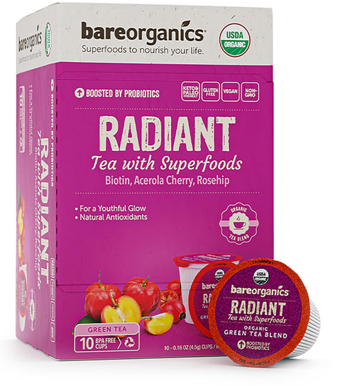 BareOrganics Radiant Tea withuperfoods & Probiotics | Compatible Tea Pods | USDA Certified Organic, Vegan, Non-GMO & Recyclable, 10ctingleerve Cup...