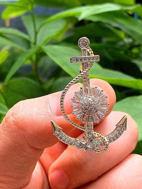 Anchor Nautical Brooch Pin Anchor Rope Brooch Gold Shiny Cubic Zirconia Pins & Pendants Scarf Holders for Women Men...