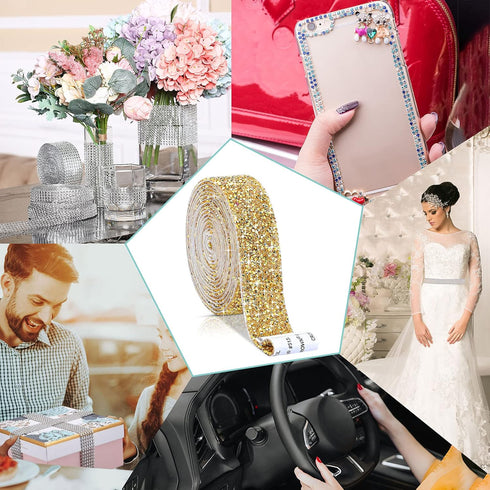 3 Yards Self Rhinestone Ribbon Crystal Rhinestones Stickers Bling Tape Wedding Ribbon Rhinestones for Crafts Car Wrap Phone Mirror Decor (Gold)...