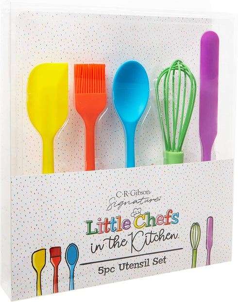 C.R. Gibson Kids in The Kitchen Oil Brush, Spoon, Whisk, Long, Standard Spatula Silicone Utensil Set, Multicolor...