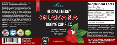 Natural Energy Guarana 1000MG - provides 200MG of herbal caffeine (2 cups coffee), antioxidants, boost energy, natural caffeine tablets, 90 Tablet...