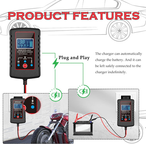 Trickle Charger for Car Battery 12V/6V,Smart Automatic Motorcycle Battery Charger with SAE Cable,Universal Battery Maintainer Car Accessories for ...