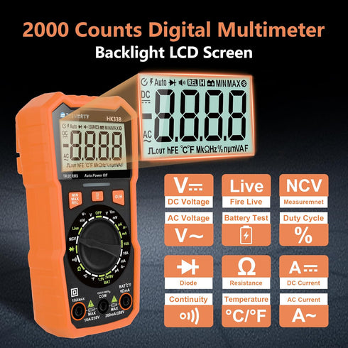 Multimeter Tester 2000 Counts Digital Multimeter with DC AC Voltmeter and Ohm Volt Amp Meter, Tests Live Wire, Continuity, Temperature, Diode Meas...