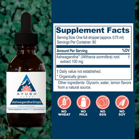 Ayush Herbs Ashwagandha Drops - Ashwagandha Alcohol-Free Drops for Adults, Calming Daily Supplement for Focus & Attention with Organic Ashwagandha...