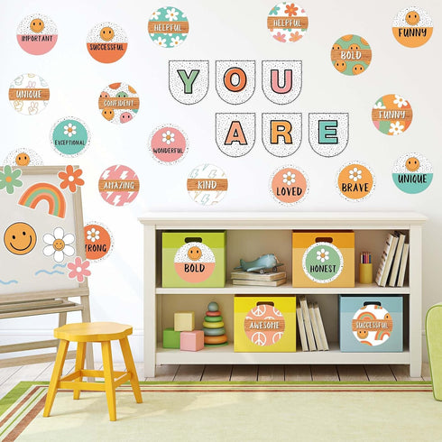 Boho Groovy Affirmation Station Bulletin Board Set Retro Motivational Inspirational Paper Cutouts with Glue Points Positive Bulletin Board Decor f...