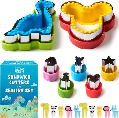GET FRESH Sandwich Cutters and Sealers for Children – 17-pcs Stainless Steel Sandwich Sealers and Veggie Cutters for Kids – Dino Mouse Metal Bread...