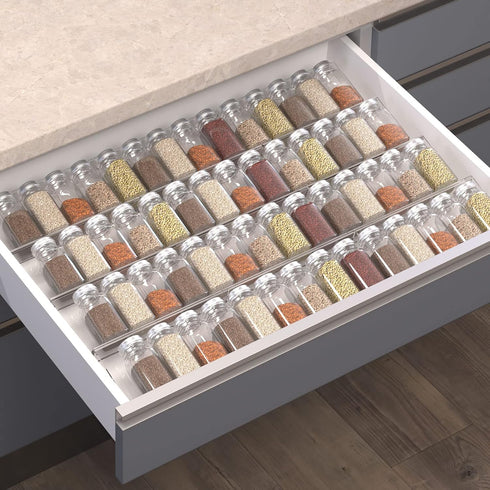 Spice Drawer Organizer, 6 Pcs Clear Acrylic In Drawer Seasoning Jars Rack, Expandable From 8" to 16" Kitchen Cabinets/Countertop Drawer Spice Rack...
