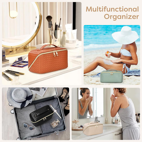 Large Capacity Travel Makeup Bag: Portable Cosmetic Bag for Women Open Flat Makeup Bag Organizer with Handle & Divider Make up Pouch Checkered Pu ...