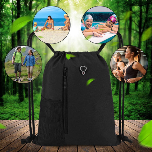 BeeGreen Black Drawstring Backpack Gym Bag For Men Women String Sports Backpack With Water Bottle Mesh Pockets And 2 Zippered Pocket Large Cinch S...