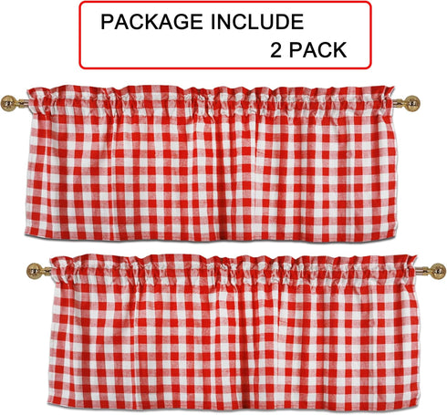 Buffalo Red and White Check Kitchen Window Valance 2 Pack Half Short Gingham Plaid Farmhouse Textured Short Window Drape Panel Home Decor Curtain ...
