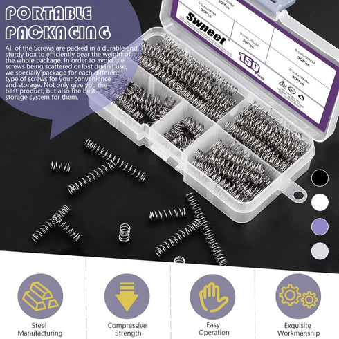 Swpeet 150Pcs 5 Sizes Compression Springs Assortment Kit, Mini Stainless Steel Extension Springs for Shop and Home Repairs, 0.39" to 1.97" Length,...