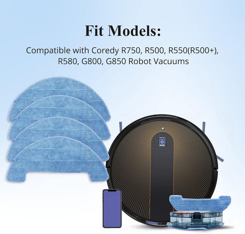 Smilefil 4pcs Replacement Mop Cloths Compatible with Coredy R750, R500, R550(R500+), R580, G800, G850 Robot Vacuum Cleaner Parts Accessories, Mode...
