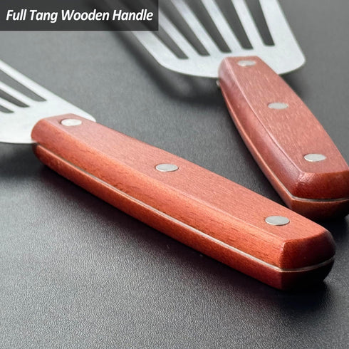 2 Pack Fish Spatula Turner, Stainless Steel Slotted Spatulas for Flipping, Turning, Frying & Grilling, 3"x6"+4"x8" Metal Slotted Spatulas, Wooden ...