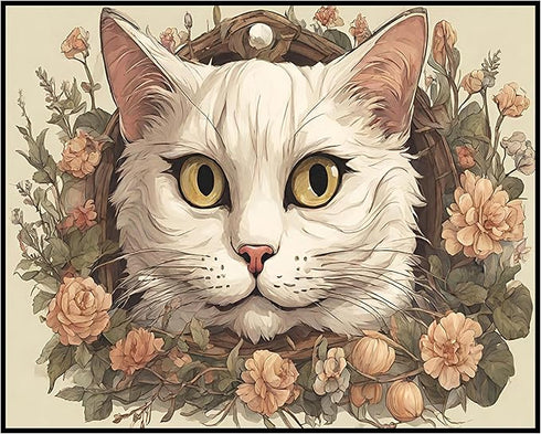 Posterizer 1 pcs- white cat sorrounded by flowers-Art for Animal Lovers-Floral Botanical Art- Gift for Men Women Entrepreneur Teens-Living Room Be...