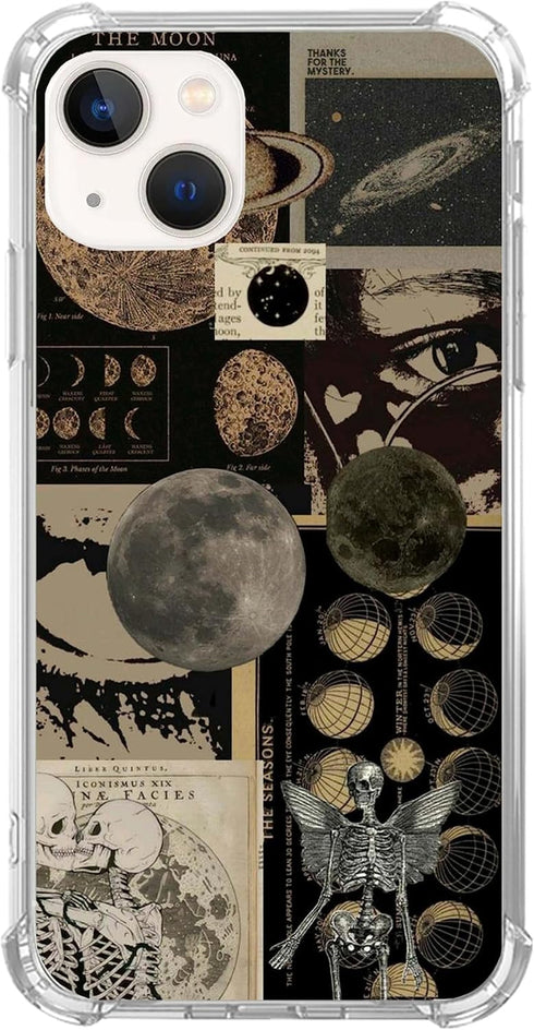 Aesthetic Vintage Grunge Collage Phone Case Compatible with iPhone 15 Plus, Skull Planets Collage Cover for Teens Men Women, Trendy Cool TPU Bumpe...