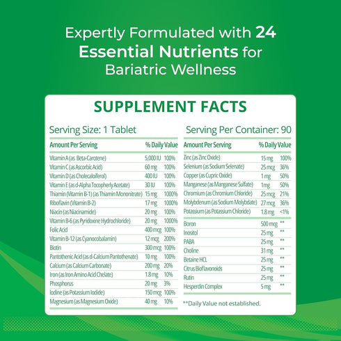Bariatric Multivitamin with Iron for Post-Gastric Bypass & Sleeve Surgery, Energy Supplements, 90 Tablets, 24 Essential Nutrients, Formulated by B...