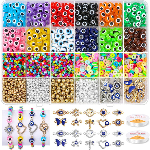 Acejoz Evil Eye Charms/Bracelet Making Kit with Glass Seed Clay Beads and Elastic String for Bracelets, Gold, 2702 Pieces...