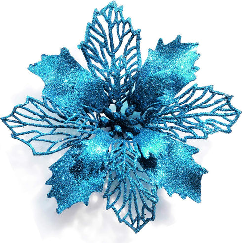 GL-Turelifes 12 Pieces 6.3’’ Glitter Christmas Flowers Lake Blue Poinsettia Artificial Flower Christmas Tree Flowers Wreath Tree Ornaments with 12...