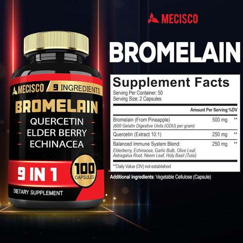 Bromelain 1000mg with Quercetin, Elderberry, Echinacea & More Supplement - 100 Capsules - Bromelain Quercetin Supplement Supports Digestive System...