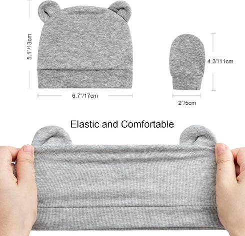 Newborn Baby Bear Ear Hat and Mitten Sets No Scratch Infant Cotton Beanie Gloves Newborn Hospital Hat for Boy Girl...
