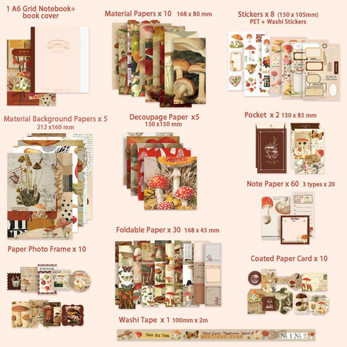 Scrapbooking Supplies Kit, Vintage Mushroom Aesthetic Scrapbook Kit for Bullet Junk Journal, Stationery, A6 Grid Notebook, DIY Journaling Supplies...
