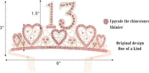 VeryMerryMakering 13th Birthday Sash and Tiara for Girls - Fabulous Set: Glitter Sash + Hearts Rhinestone Pink Premium Metal Tiara, Gifts for Teen...