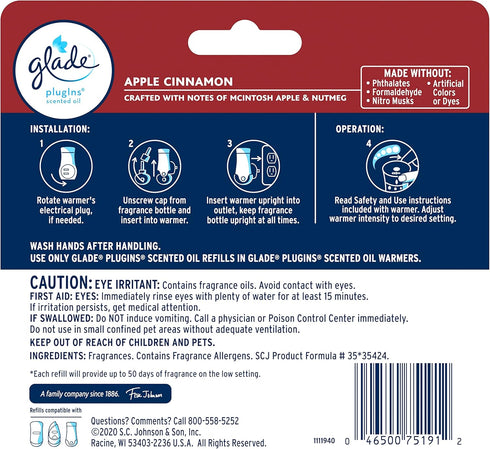 Glade PlugIns Refills Air Freshener, Scented and Essential Oils for Home and Bathroom, Apple Cinnamon, 2.01 Fl Oz, 3 Count...