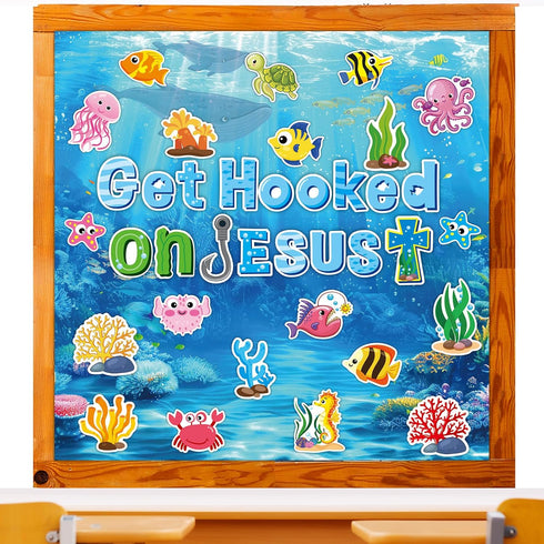 gisgfim Ocean Fish Bulletin Board Decorations with Background Paper Christian Sea Animals Cutouts Under The Sea Jesus Classroom Decor for Kids Sun...