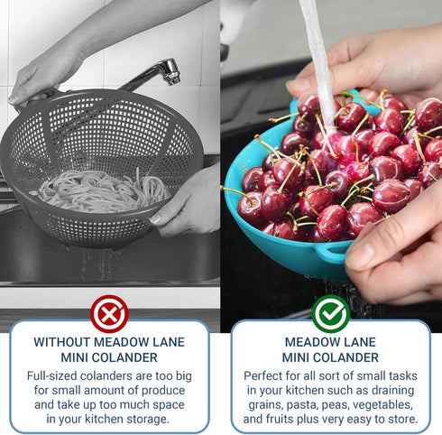 6-in Colander, Dual Handles, BPA-Free, Dishwasher Safe Compact Food Strainer for Fruits, Veggies and Pasta, 3-Cup Capacity, Red and Blue, 2-Pack...