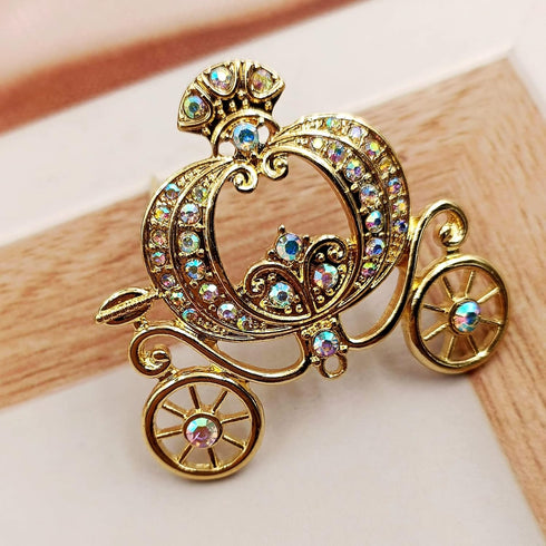 Stunning Gold Tone Opens AB Crystal Accent Pumpkin Carriage Pin Brooch Fair Tale Jewelry...