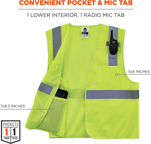 Reflective Safety Vest, High Visibility Mesh, Interior and Exterior Pocket, Class 2, Type R, Single Sizing...