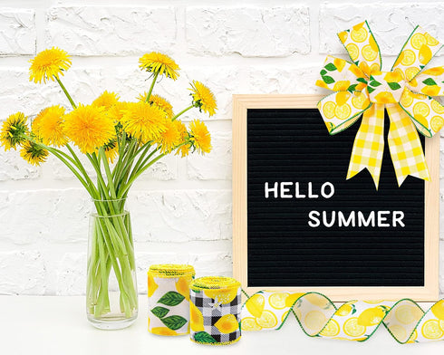 Whaline 30 Yard Summer Lemon Wired Edge Burlap Ribbon 6 Roll Yellow Lemon Buffalo Check Plaid Stripe Dots Pattern Ribbon Fabric Decorative Craft R...