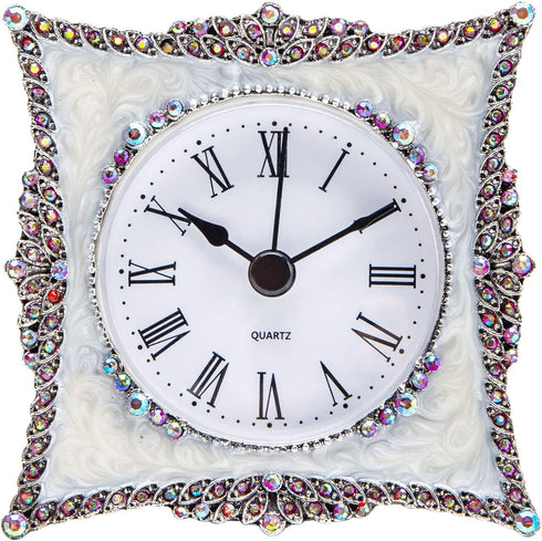 NIKKY HOME Crystal Elegant Small Quartz Analog Table Clock with Rosy Rhinestone Non-Alarm Desk Clock 3.5 by 1.5 by 3.5 Inches, White and Pink...