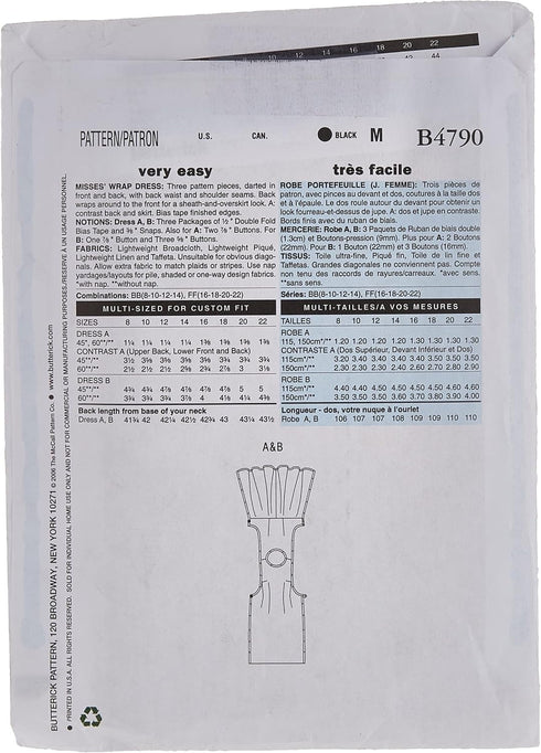 BUTTERICK PATTERNS B4790 Size BB 8-10-12-14 Misses Wrap Dress, Pack of 1, White...