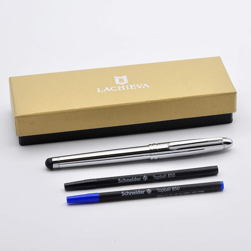 Rollerball Pen with Stylus, Classic Design, Germany Schneider Refill Black and Blue (Shiny Chrome Color)...