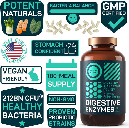 Digestive Enzymes with Probiotics and Prebiotics - Gut Health & Digestion Supplement with Artichoke Ginger Turmeric – Vegan Enzyme Complex for Dig...