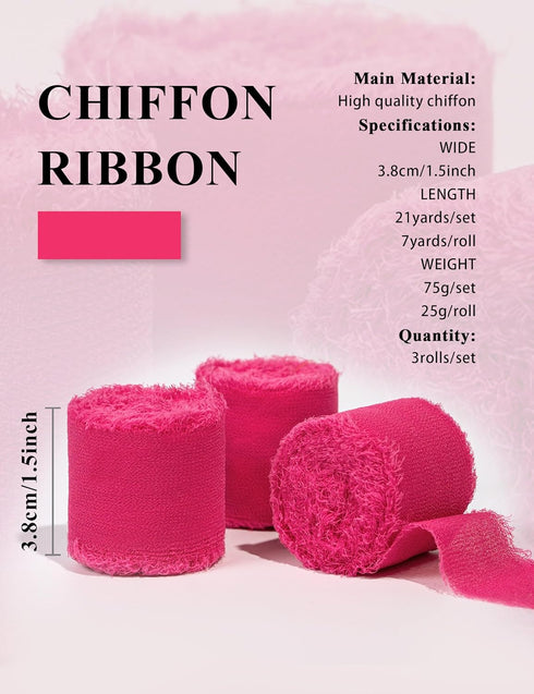 Chiffon Ribbon, Hot Pink Silk Ribbon, Pink Party Decoration, 1.5''x21Yd Handmade Frayed Fringe Ribbon for Gift Wrapping, Floral Vase Decor, for Cr...