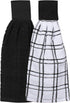 Ritz Premium 100% Cotton Solid and Multi Check Kitchen Tie Towel, Absorbent, Super Soft, and Fast Drying Hang Towel, Set of Two, Black...