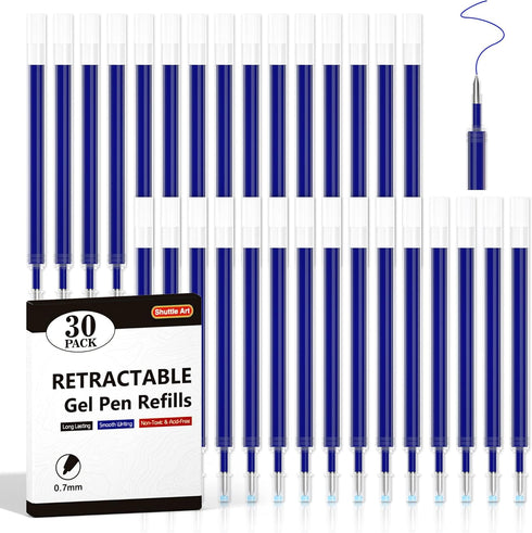 Retractable Gel Pen Refills, Shuttle Art 30 Pack Blue Rollerball Gel Ink Pens Refills, Bulk Set, 0.7mm Fine Point for Writing Journaling Taking No...