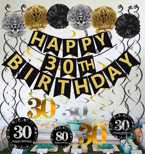 Black & Gold Glittery Happy 30th Birthday Banner,Poms,Sparkling 30 Hanging Swirls Kit for 30th Birthday Party 30th Anniversary Decorations Supplie...