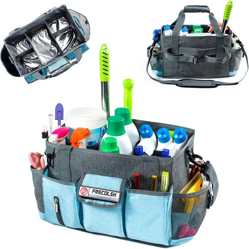 Grey-Blue Cleaning Caddy, Oxford Polyester, Adjustable 5 Compartments, Padded Carry Handle, Waterproof Interior, Ideal for Housekeeping and Cleani...