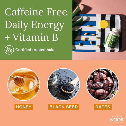 Noor Vitamins Energy+ Multivitamin; Halal Vitamin for Energy Production & Immunity, 26 Vitamins & Minerals, Black Seed, Dates, Honey, for Men & Wo...