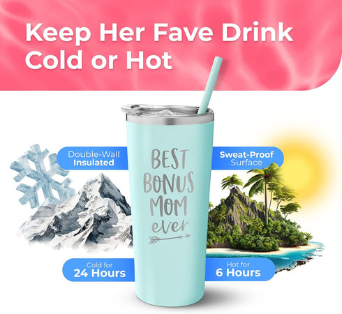 SassyCups Best Bonus Mom Ever Tumbler | 22 Ounce Engraved Mint Stainless Steel Insulated Tumbler with Lid and Straw | Like a Mom | Stepmom Present...