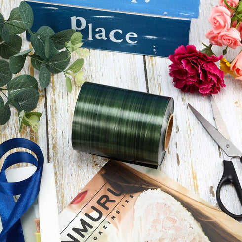 Outdoor Ribbon Poly Satin Ribbon Floral Craft Decoration Aspidistra Leaf Pattern Ribbon Easter Holiday Outdoor Decorating (Dark Green, 4 Inch x 49...