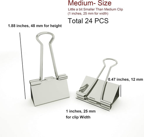 Nctinystore Binder Clips Little a bit Smaller Than Medium Clips Metal Clamp 1-in / 25-mm (Silver, 24-Count)...
